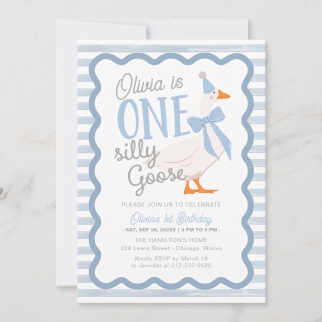 Convites One Silly Goose Blue Bow 1st Birthday (Frente)