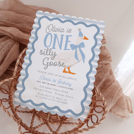 Convites One Silly Goose Blue Bow 1st Birthday