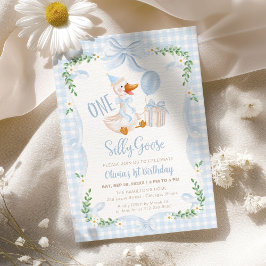 Convites One Silly Goose Blue Bow Floral 1st Birthday