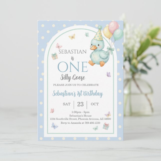 Convites One Silly Goose Blue Boy 1st Birthday (Em pé/Frente)