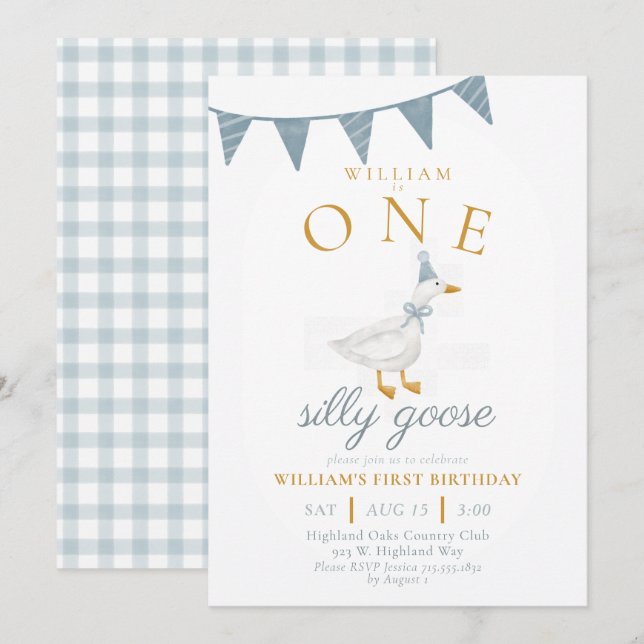 Convites ONE Silly Goose Blue Gingham Boy First Birthday  (Frente/Verso)