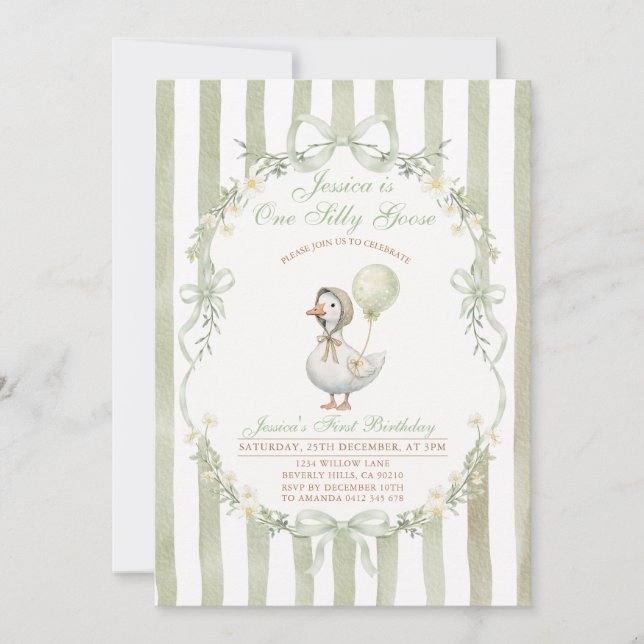 Convites One Silly Goose First Birthday Green Invitation (Frente)