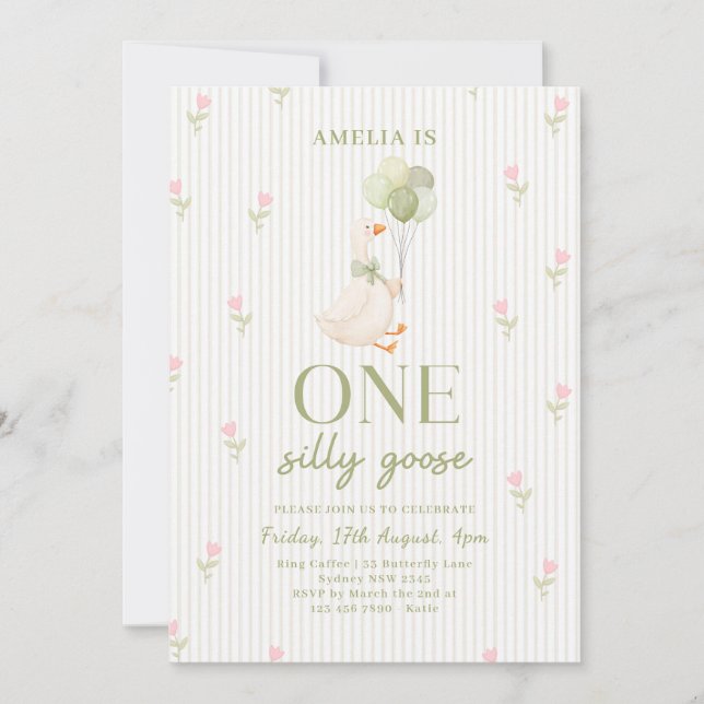 Convites One Silly Goose Floral 1st Birthday (Frente)