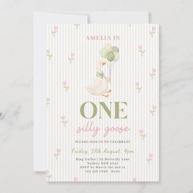 Convites One Silly Goose Floral 1st Birthday (Frente)