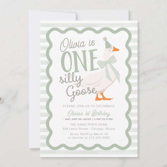 Convites One Silly Goose Green Bow 1st Birthday (Frente)