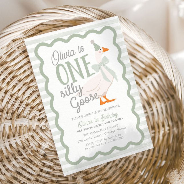 Convites One Silly Goose Green Bow 1st Birthday (Criador carregado)