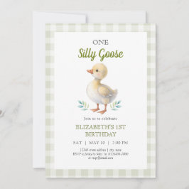 Convites One Silly Goose Green Gingham Baby First Birthday