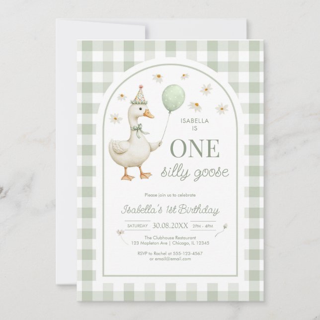 Convites One Silly Goose Green Girl 1st Birthday Invitation (Frente)