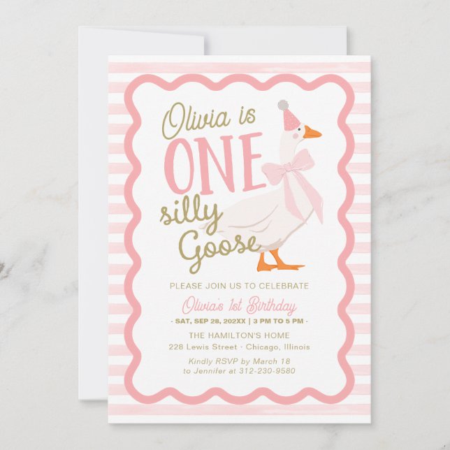 Convites One Silly Goose Pink Bow 1st Birthday (Frente)