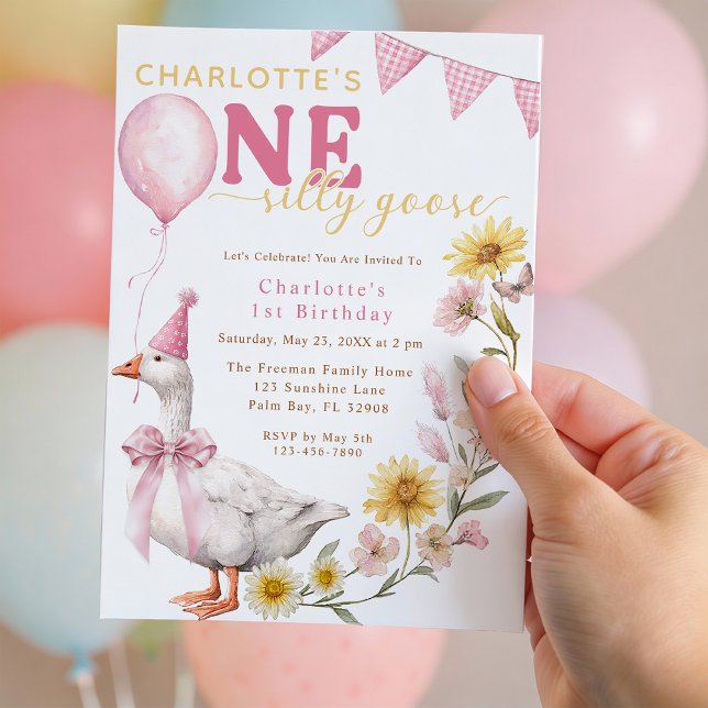 Convites One Silly Goose Pink Bow 1st Birthday Invitation (One Silly Goose 1st Birthday Invitation)