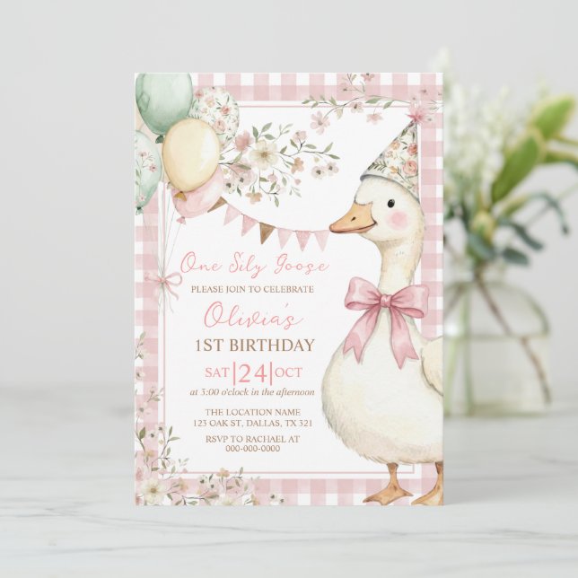 Convites One Silly Goose Pink Bow Girl 1st Birthday (Em pé/Frente)