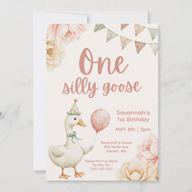 Convites One Silly Goose Pink Floral 1st Birthday  (Frente)