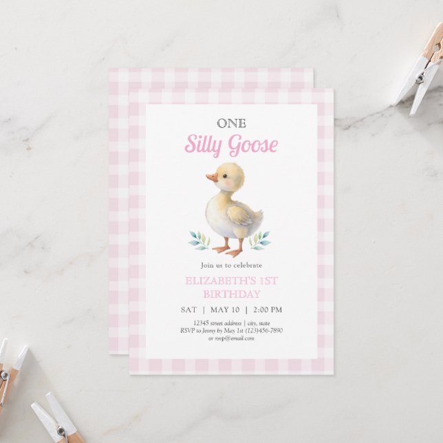 Convites One Silly Goose Pink Gingham Girl First Birthday (Frente/Verso In Situ)