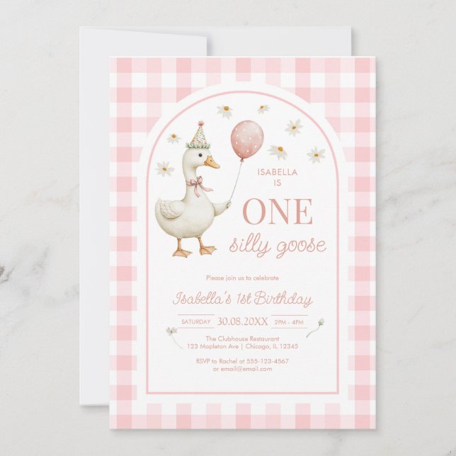 Convites One Silly Goose Pink Girl 1st Birthday Invitation (Frente)
