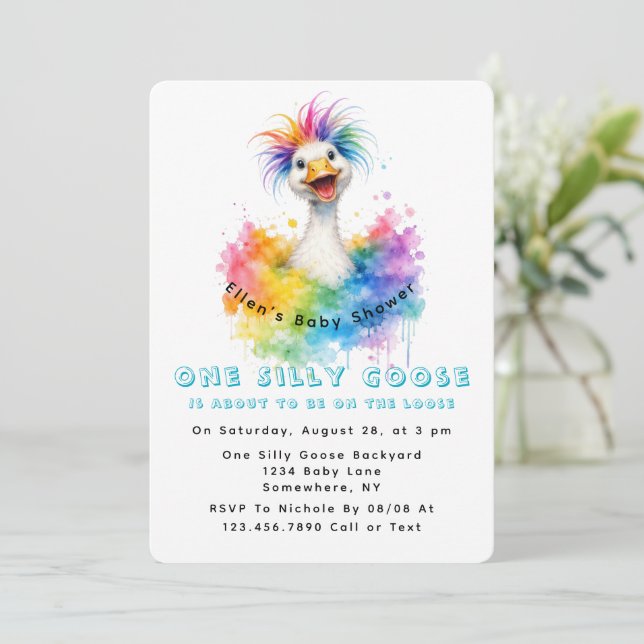 Convites One Silly Goose Rainbow Baby Shower Cute (Em pé/Frente)