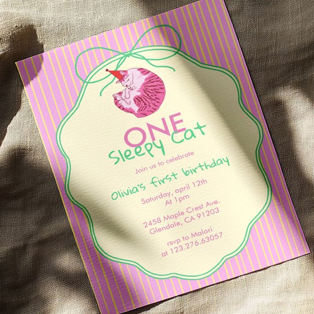Convites One Sleepy Cat 1st Birthday – Yellow Stripes (Criador carregado)