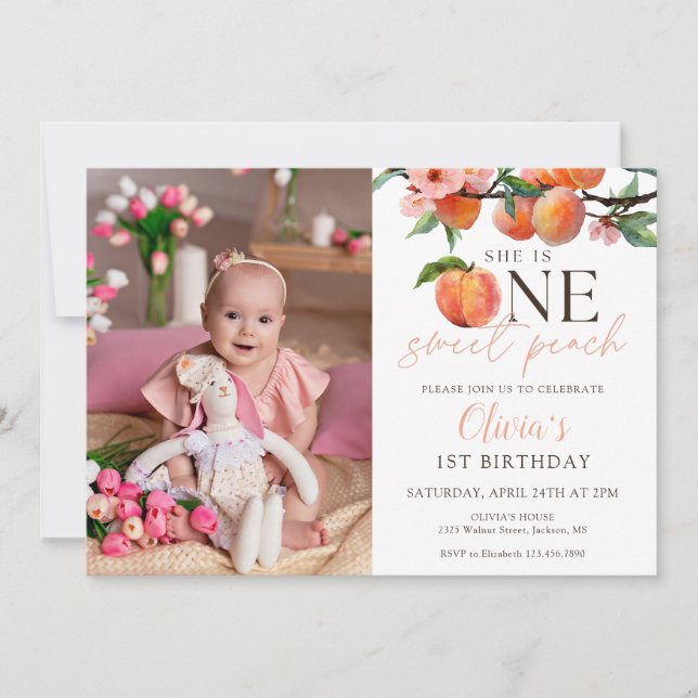 Convites One Sweet Peach 1st Birthday Photo (Frente)