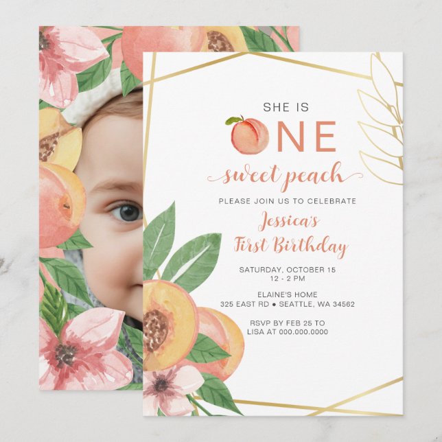 Convites One Sweet Peach First Birthday photo (Frente/Verso)
