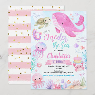 Convites Oneder A Menina do Mar 1º Aniversário Rosa Pastel