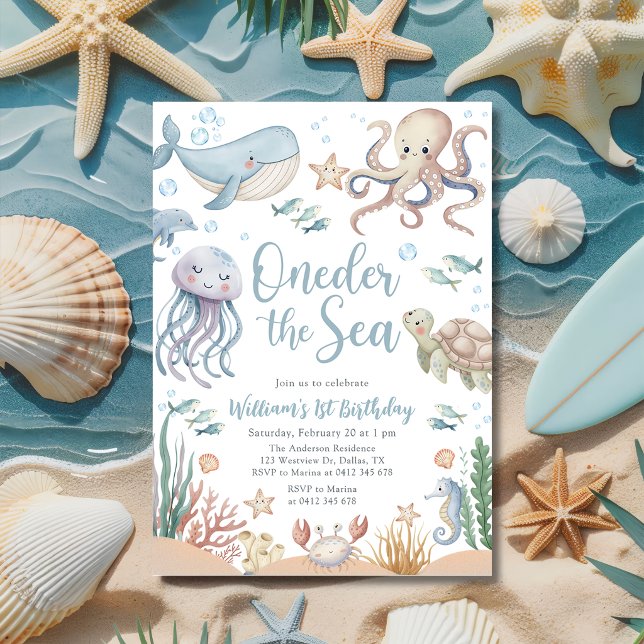 Convites Oneder O Mar Animais do Oceano 1º Aniversário (Criador carregado)