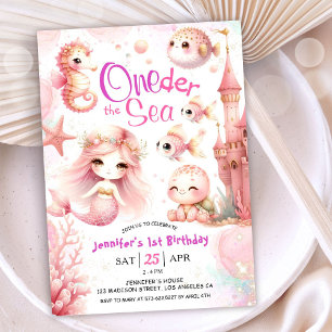 Convites ONEder O Mar Menina de 1º Aniversário Rosa Oceano