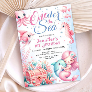 Convites ONEder O Mar! Pequena Sereia Rosa Aniversário de 1