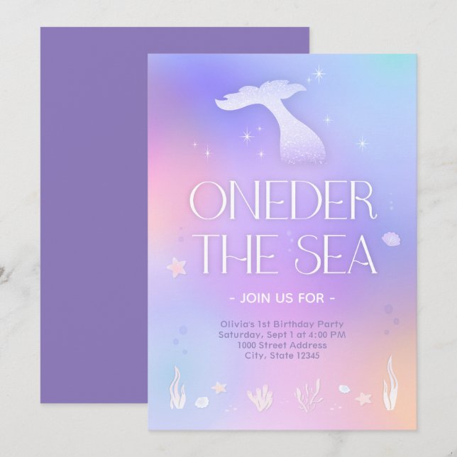 Convites Oneder Sea Whimsical Sparkly Smermaid Birthday (Frente/Verso)