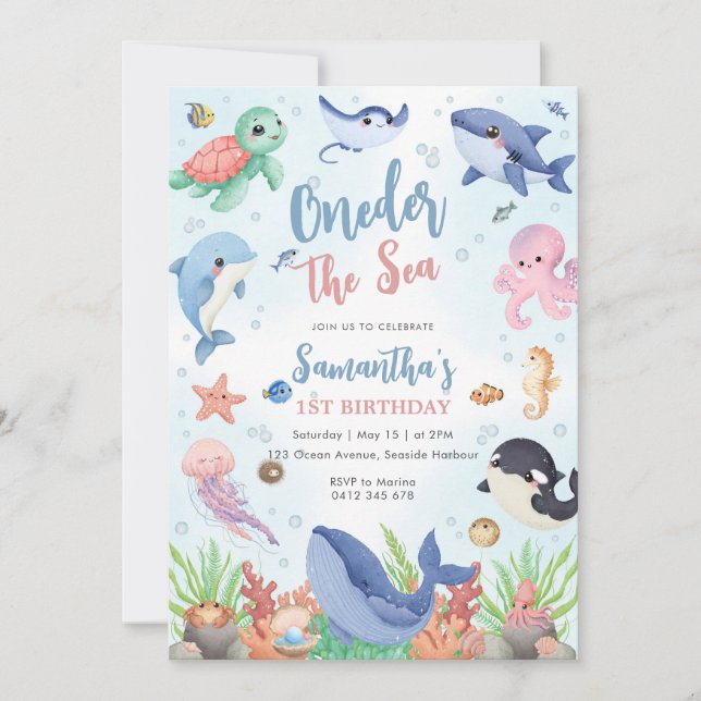 Convites Oneder The Sea 1st Birthday Invitation (Frente)