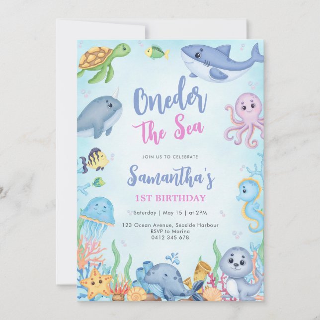 Convites Oneder The Sea 1st Birthday Invitation (Frente)