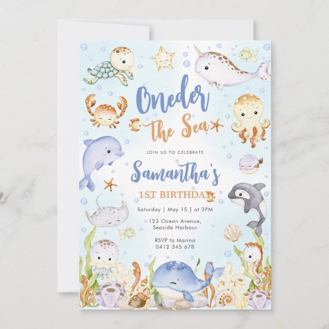Convites Oneder The Sea 1st Birthday Invitation (Frente)
