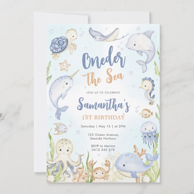 Convites Oneder The Sea 1st Birthday Invitation (Frente)