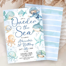 Convites ONEder The Sea Boy 1st Birthday Cute Blue Ocean 