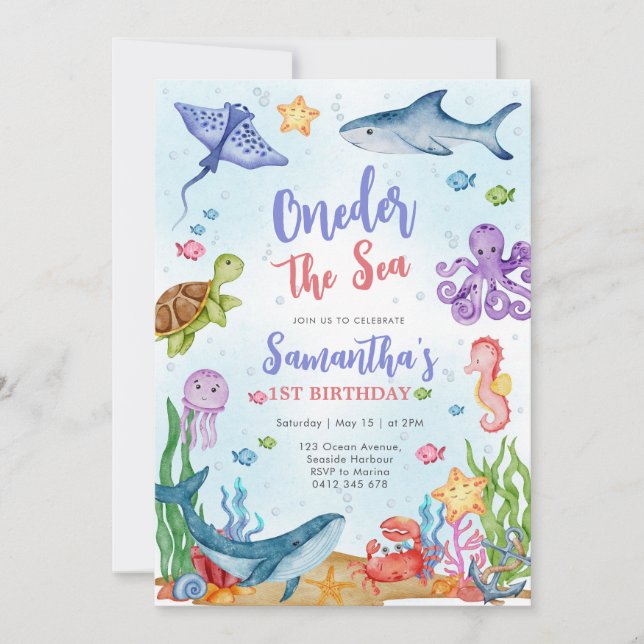 Convites Oneder the Sea Party 1st Birthday Invitation (Frente)
