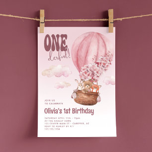 Convites Onederful Balão de Ar Quente Rosa 1º Aniversário