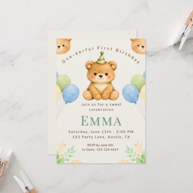 Convites Onederful Bear First Birthday Party Invitation (Frente/Verso In Situ)
