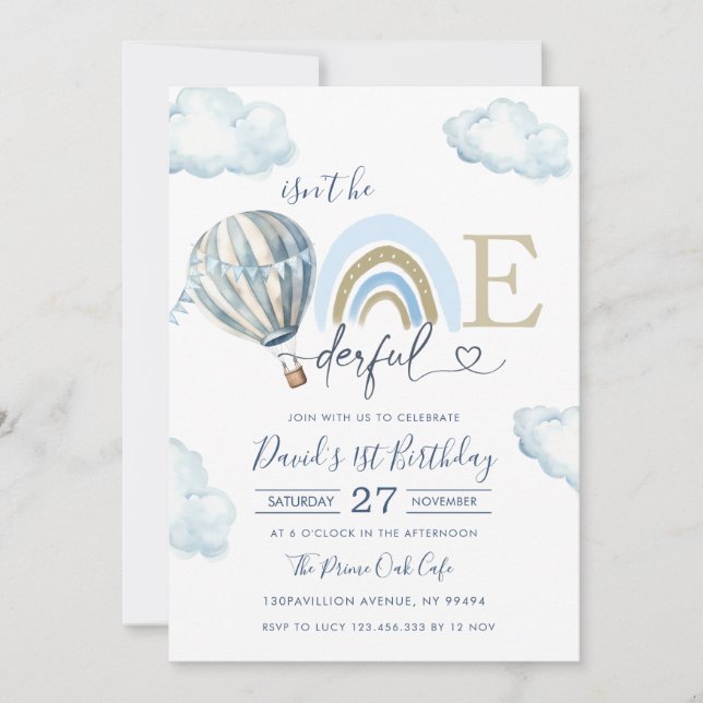 Convites Onederful Hot Air Balloon Boy 1st Birthday (Frente)