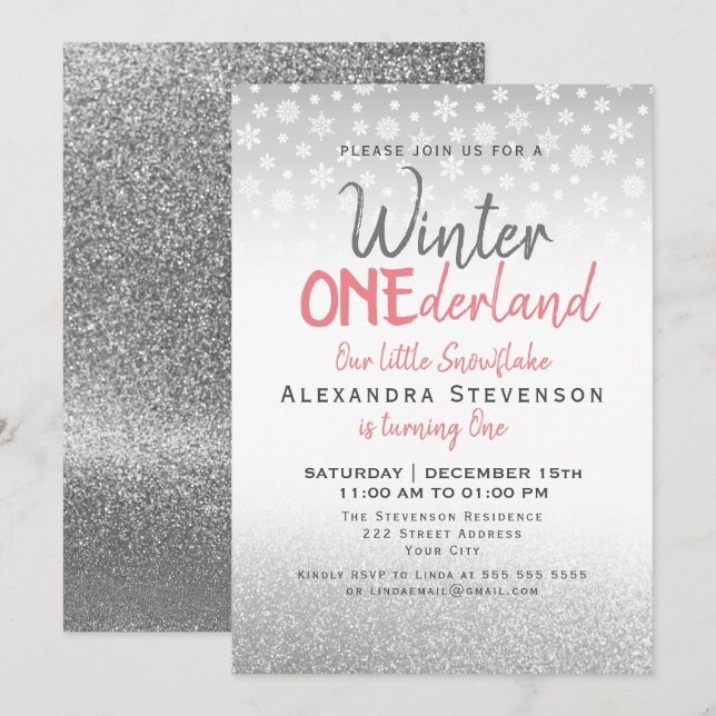 Convites ONEderland de Inverno 1º Aniversário Flocos de Nev (Frente/Verso)
