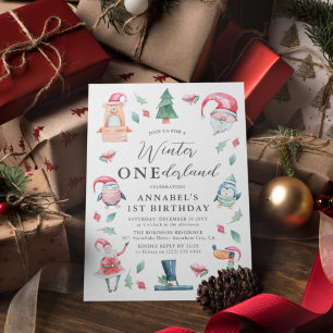 Convites ONEderland de Inverno Aniversário de 1 ano Aquarel