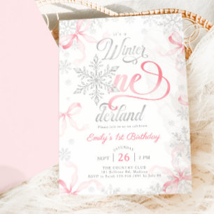 Convites ONEderland de Inverno Aniversário de 1 ano Rosa Pr