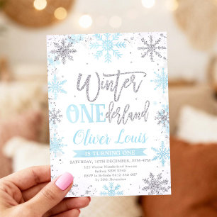 Convites ONEderland de Inverno Azul Prata 1º Aniversário 