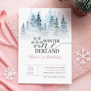 Convites ONEderland de Inverno Floresta Nevada Aniversário