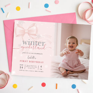 Convites ONEderland de Inverno Foto Laço Rosa Primeiro Aniv
