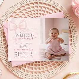 Convites ONEderland de Inverno Foto Laço Rosa Primeiro Aniv