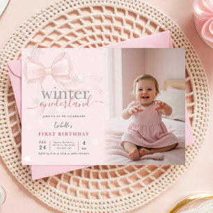 Convites ONEderland de Inverno Foto Laço Rosa Primeiro Aniv