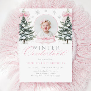 Convites ONEderland de Inverno Laço Rosa Primeiro Aniversár