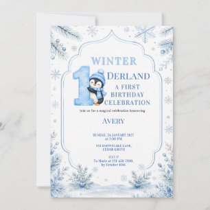 Convites ONEderland Pinguim Neve Azul Inverno 1º Aniversári