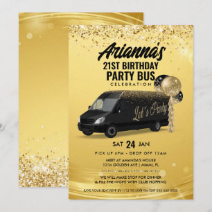 Convites Ônibus de festa preto e dourado
