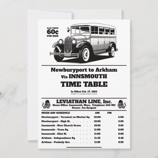Convites Ônibus Innsmouth Schedule Joe Sargent (Frente)
