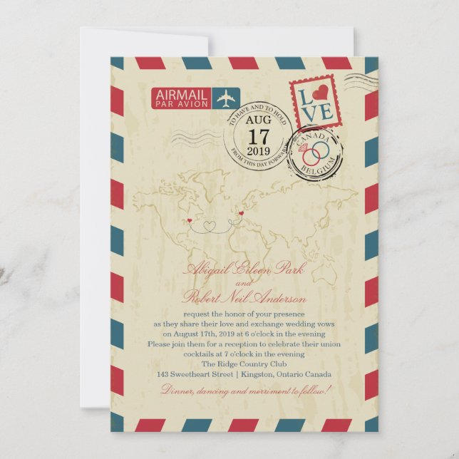 Convites Ontário Canada & Belgium Vintage Airmail Wedding (Frente)