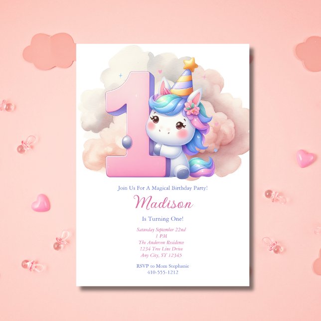 Convites Ontem, 1ª rua Rosa Púrpura, Unicórnio (Unicorn 1st First Birthday party Invitation. Girls, Pink blue purple, watercolor. Printed or Digital)
